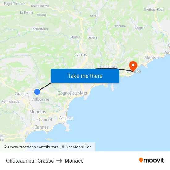 Châteauneuf-Grasse to Monaco map