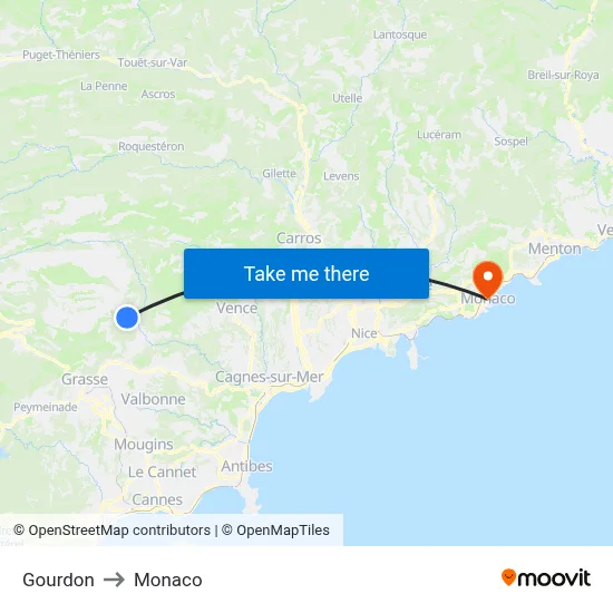 Gourdon to Monaco map