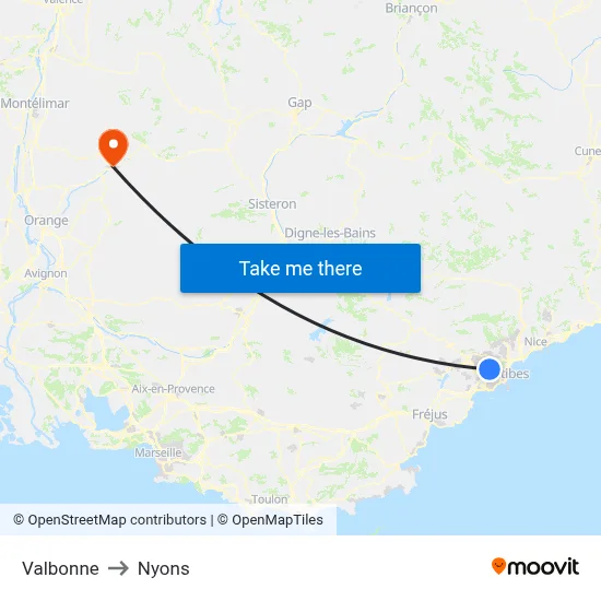 Valbonne to Nyons map