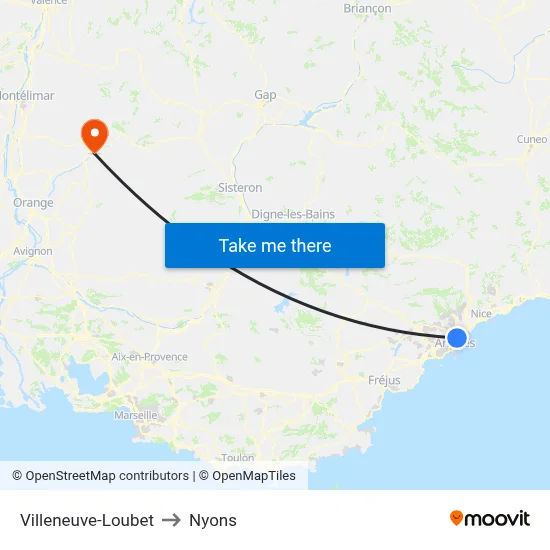 Villeneuve-Loubet to Nyons map