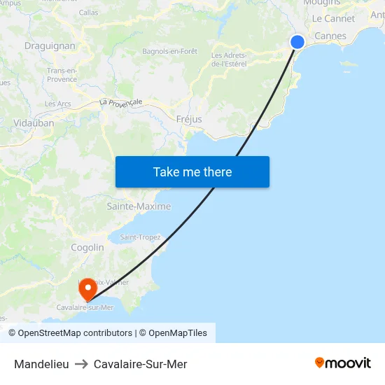 Mandelieu to Cavalaire-Sur-Mer map