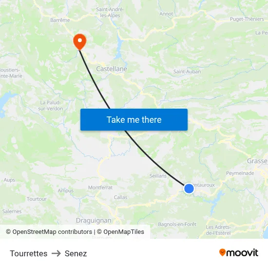 Tourrettes to Senez map