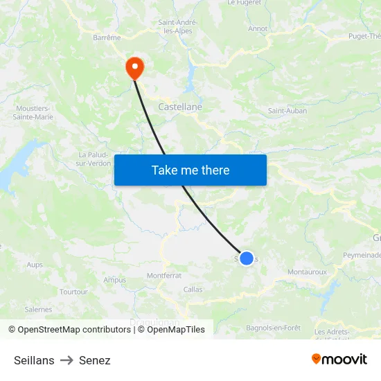 Seillans to Senez map