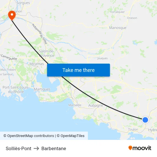 Solliès-Pont to Barbentane map