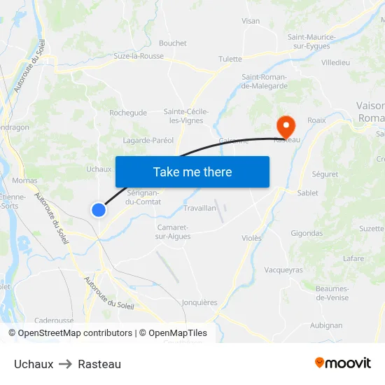 Uchaux to Rasteau map