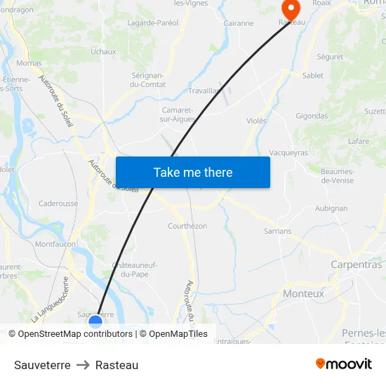 Sauveterre to Rasteau map