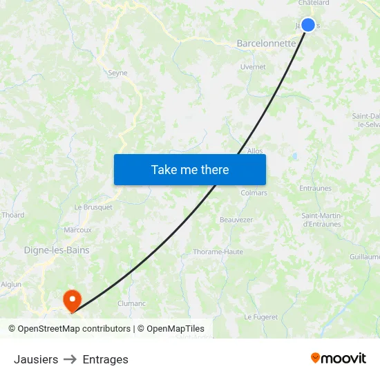 Jausiers to Entrages map