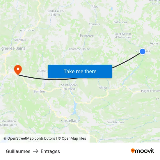 Guillaumes to Entrages map