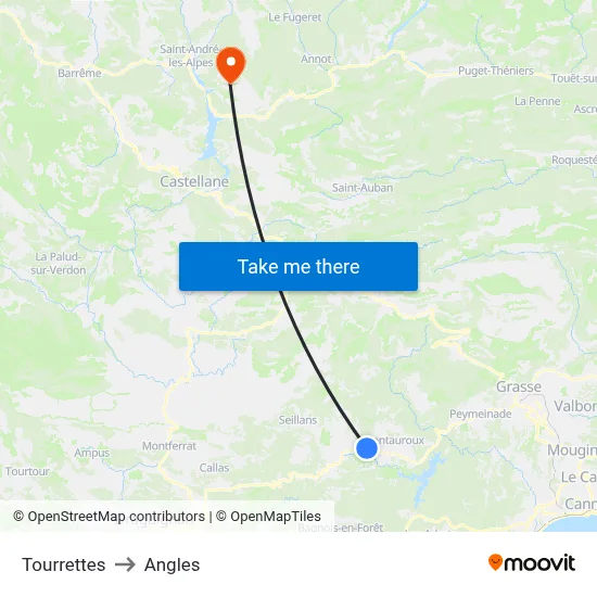 Tourrettes to Angles map