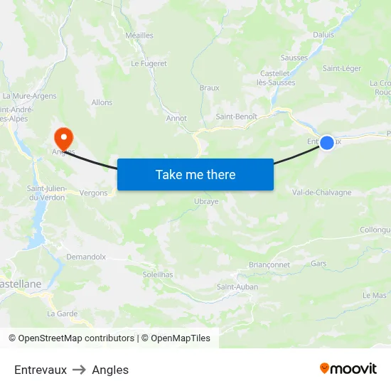 Entrevaux to Angles map