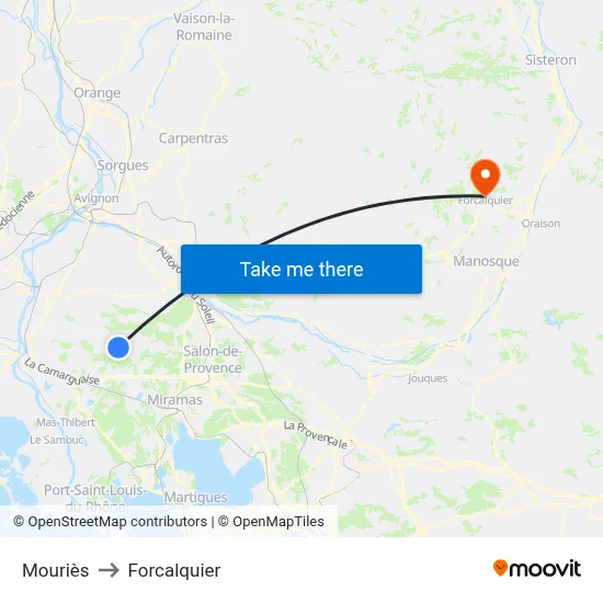 Mouriès to Forcalquier map