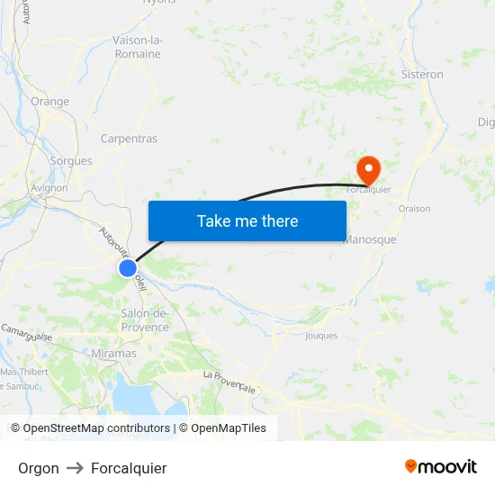 Orgon to Forcalquier map