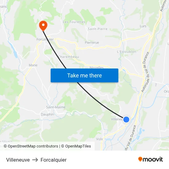 Villeneuve to Forcalquier map
