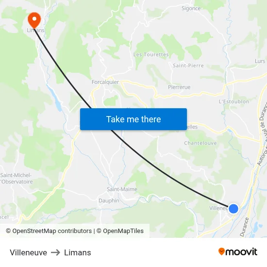 Villeneuve to Limans map