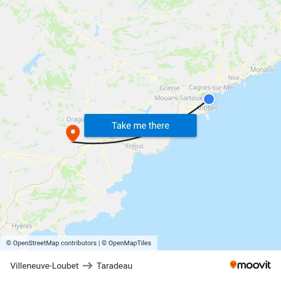 Villeneuve-Loubet to Taradeau map
