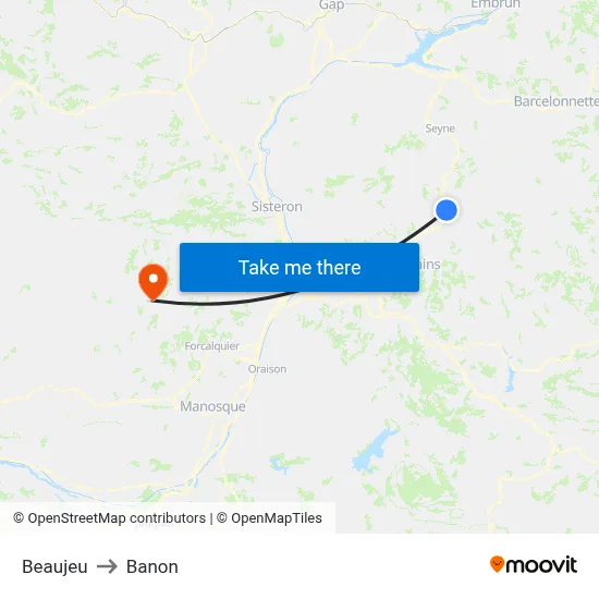 Beaujeu to Banon map
