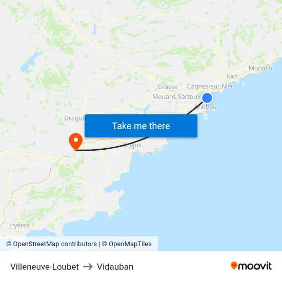 Villeneuve-Loubet to Vidauban map