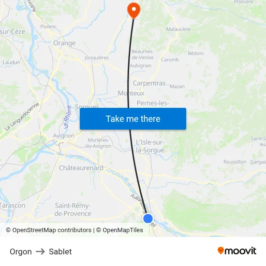 Orgon to Sablet map