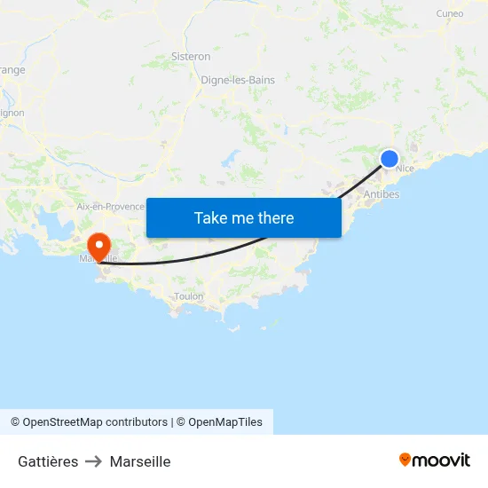 Gattières to Marseille map