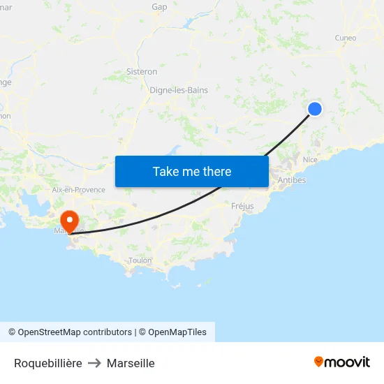Roquebillière to Marseille map