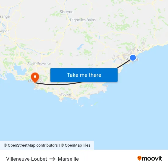 Villeneuve-Loubet to Marseille map