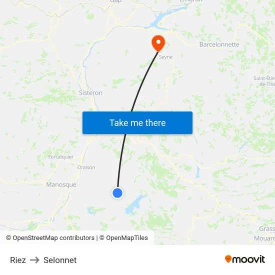 Riez to Selonnet map