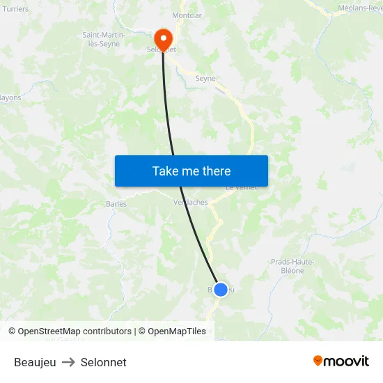 Beaujeu to Selonnet map