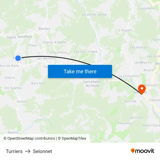 Turriers to Selonnet map
