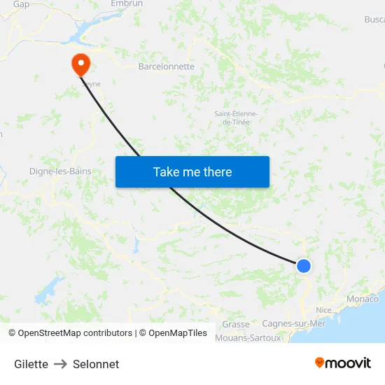Gilette to Selonnet map