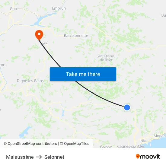 Malaussène to Selonnet map