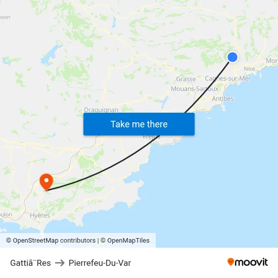 Gattiã¨Res to Pierrefeu-Du-Var map
