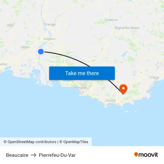 Beaucaire to Pierrefeu-Du-Var map