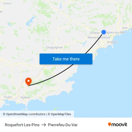 Roquefort-Les-Pins to Pierrefeu-Du-Var map