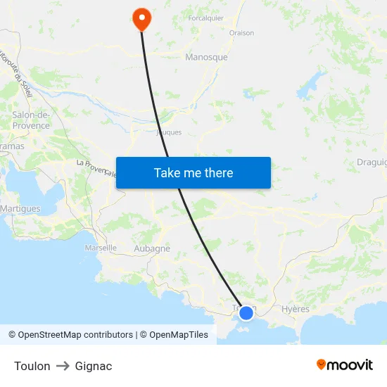 Toulon to Gignac map