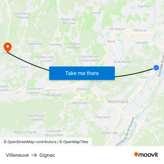 Villeneuve to Gignac map