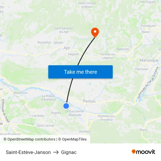 Saint-Estève-Janson to Gignac map