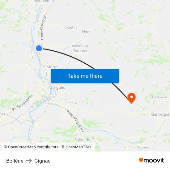 Bollène to Gignac map