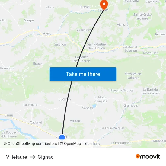 Villelaure to Gignac map