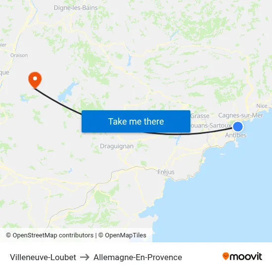 Villeneuve-Loubet to Allemagne-En-Provence map