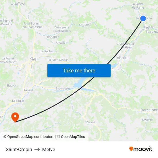 Saint-Crépin to Melve map