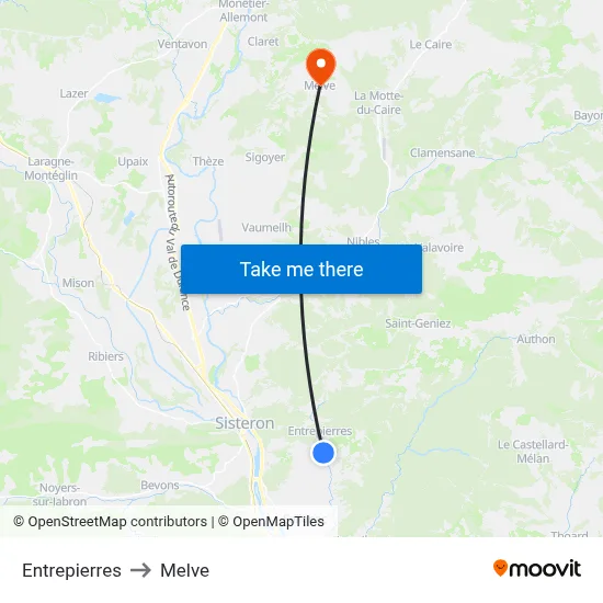 Entrepierres to Melve map