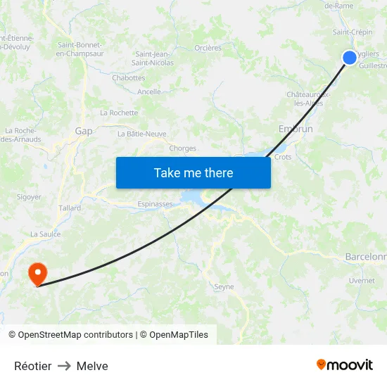 Réotier to Melve map