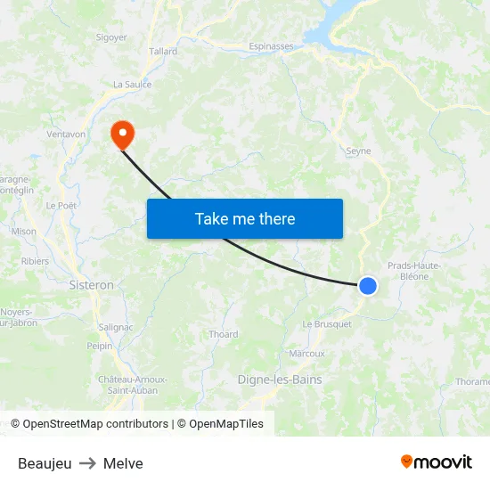 Beaujeu to Melve map