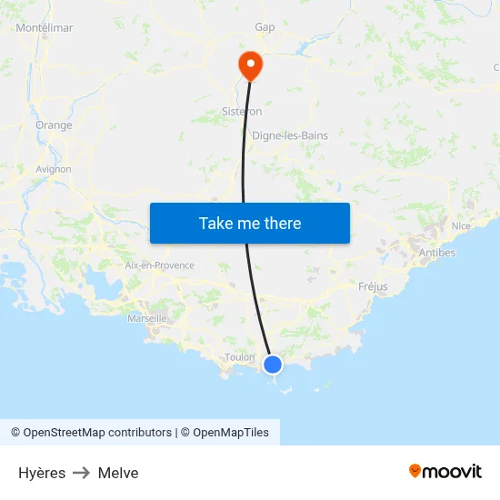 Hyères to Melve map