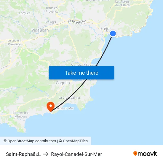 Saint-Raphaã«L to Rayol-Canadel-Sur-Mer map