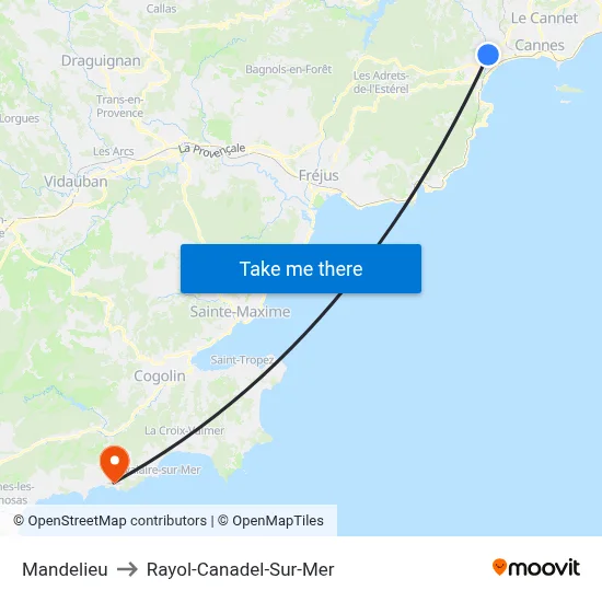 Mandelieu to Rayol-Canadel-Sur-Mer map