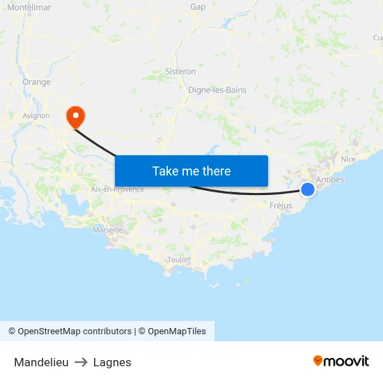 Mandelieu to Lagnes map