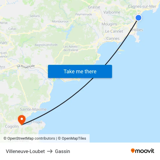 Villeneuve-Loubet to Gassin map