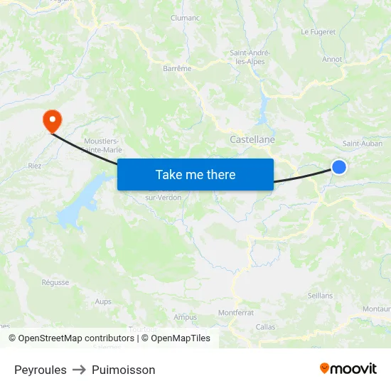 Peyroules to Puimoisson map