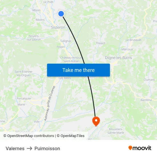 Valernes to Puimoisson map